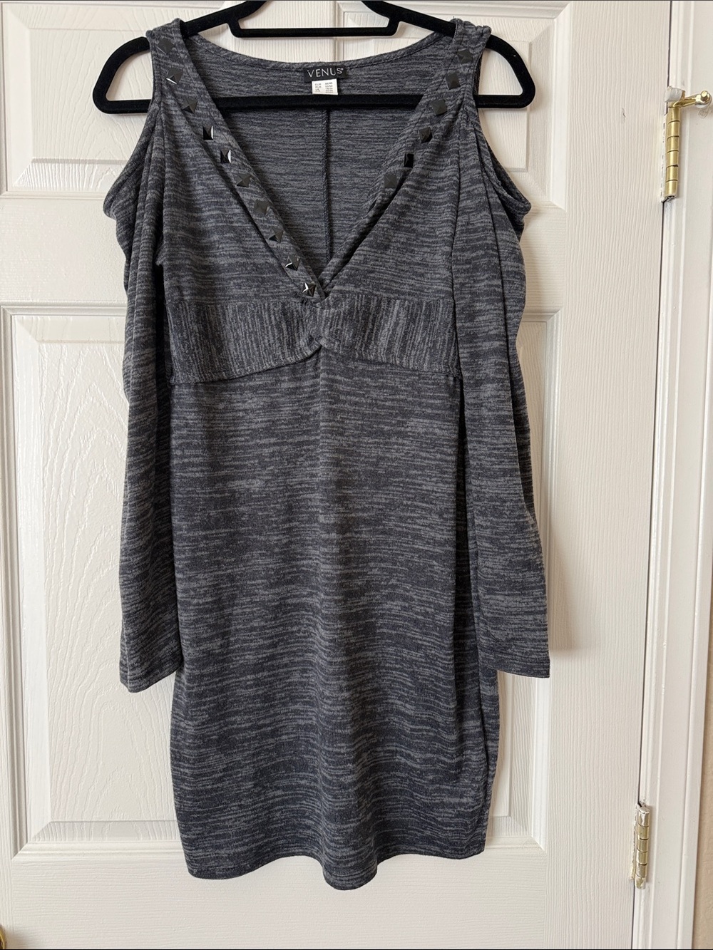 VENUS Charcoal Cold-Shoulder Knit Dress with Stud Accents